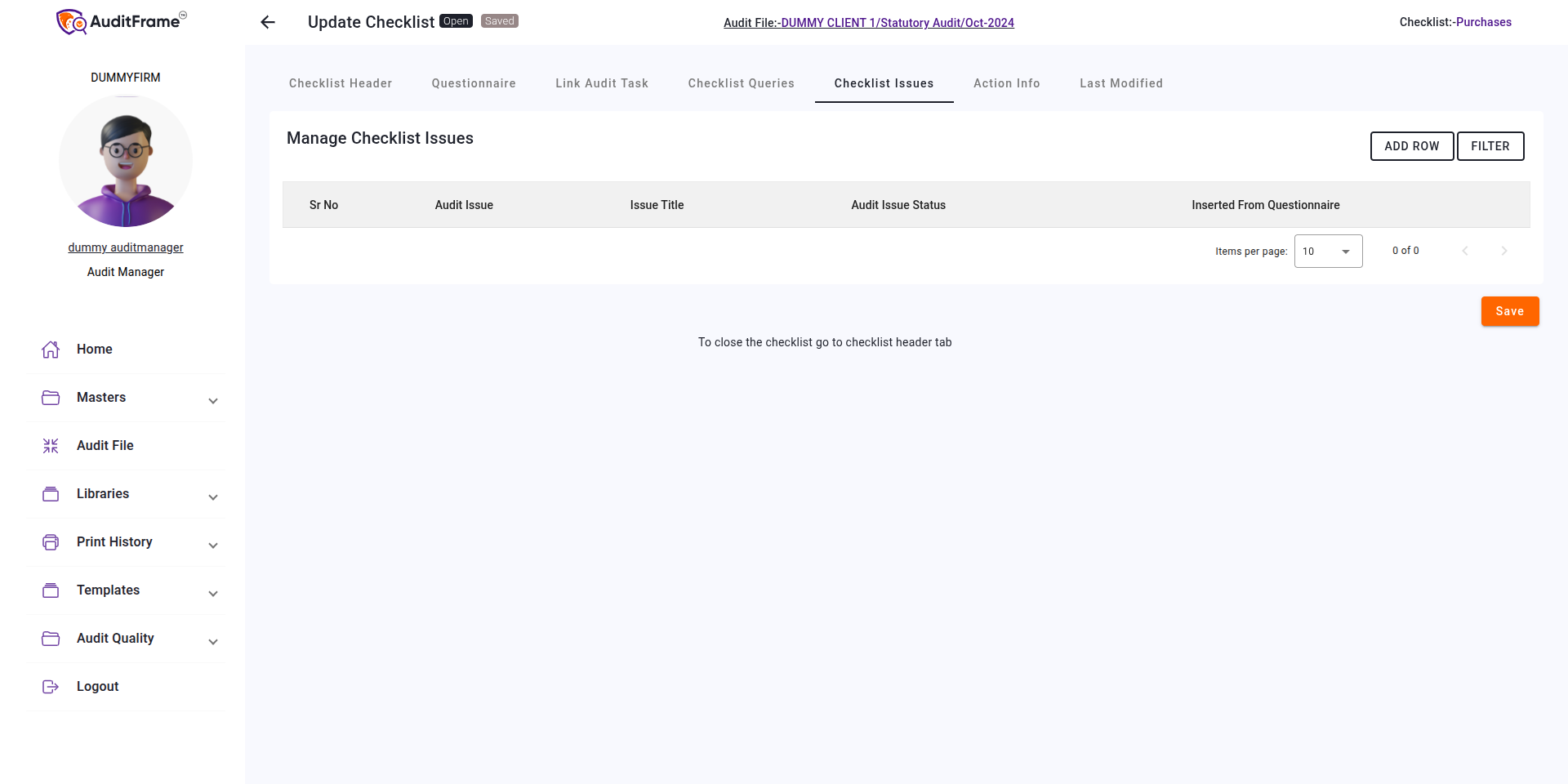 Screenshot of checklist issues
